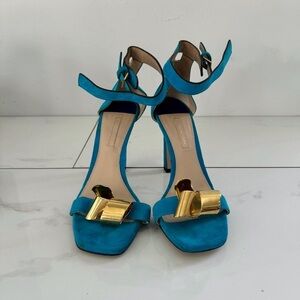 Stuart Weitzman Blue Suede Gold Knot Sandal heels Size 9